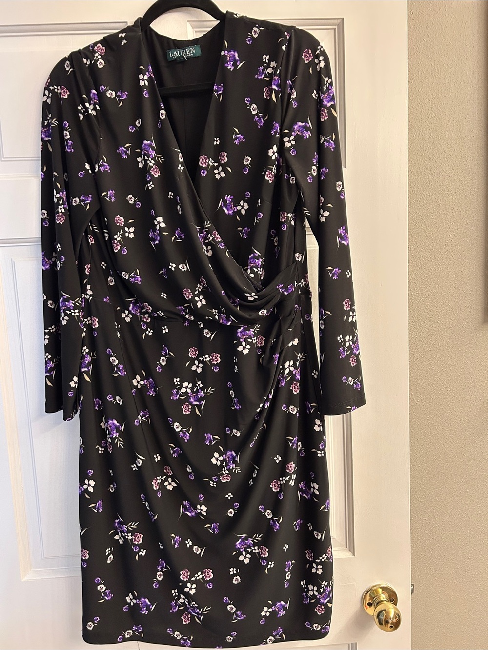 Lauren Ralph Lauren Black Floral Purple-Accent Wrap Dress